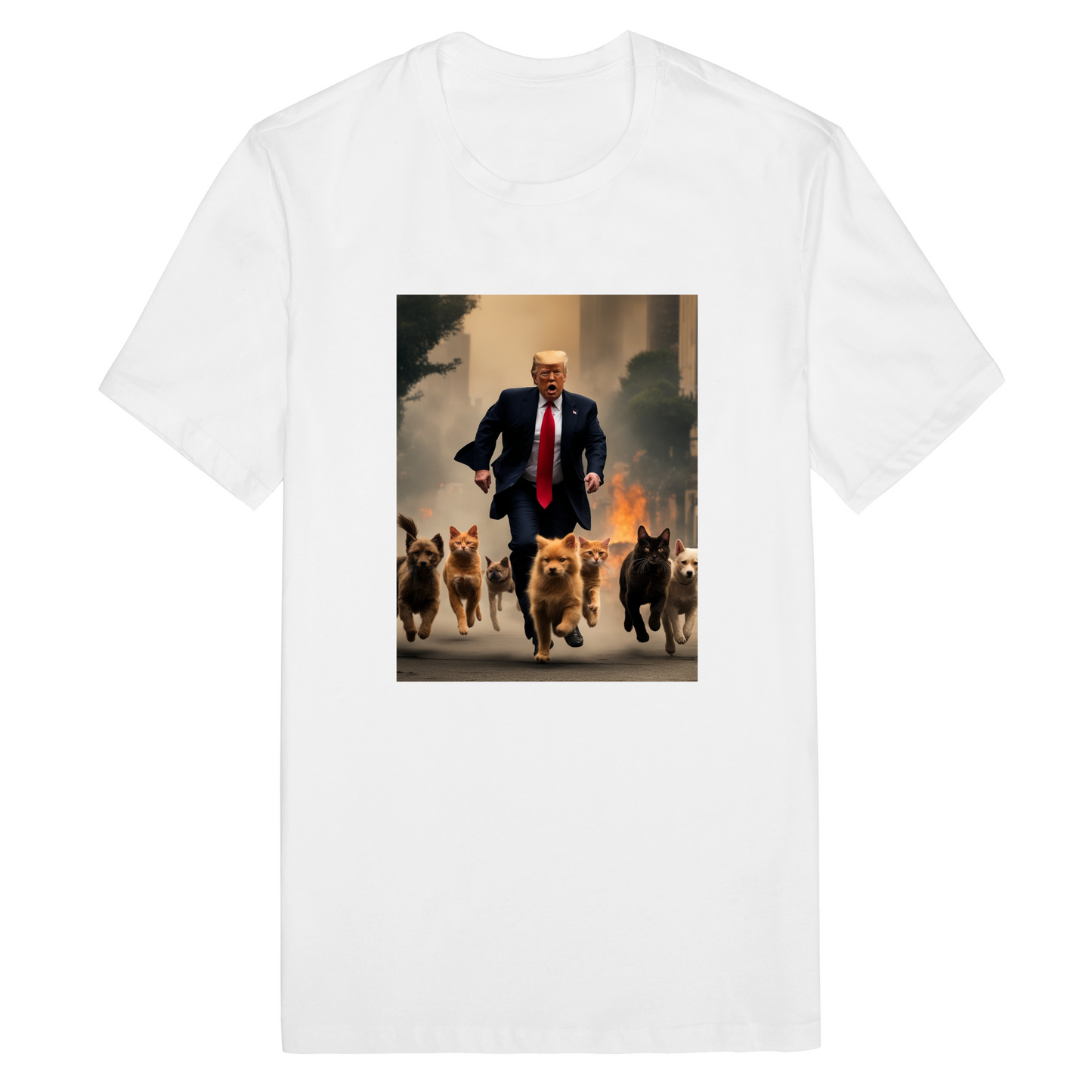 Trump Running with Dogs and Cats from Apocalypse Funny T-Shirt
