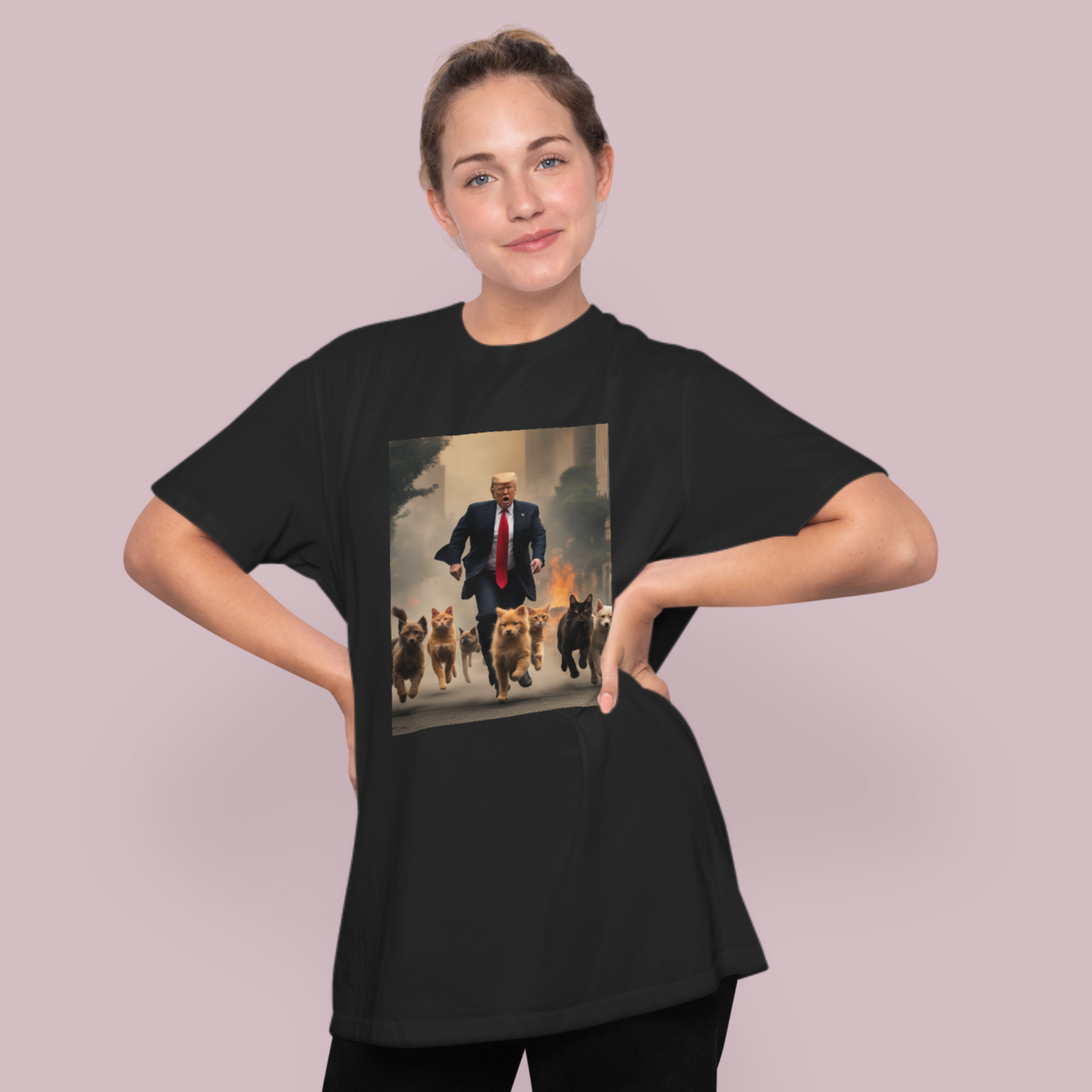 Trump Running with Dogs and Cats from Apocalypse Funny T-Shirt