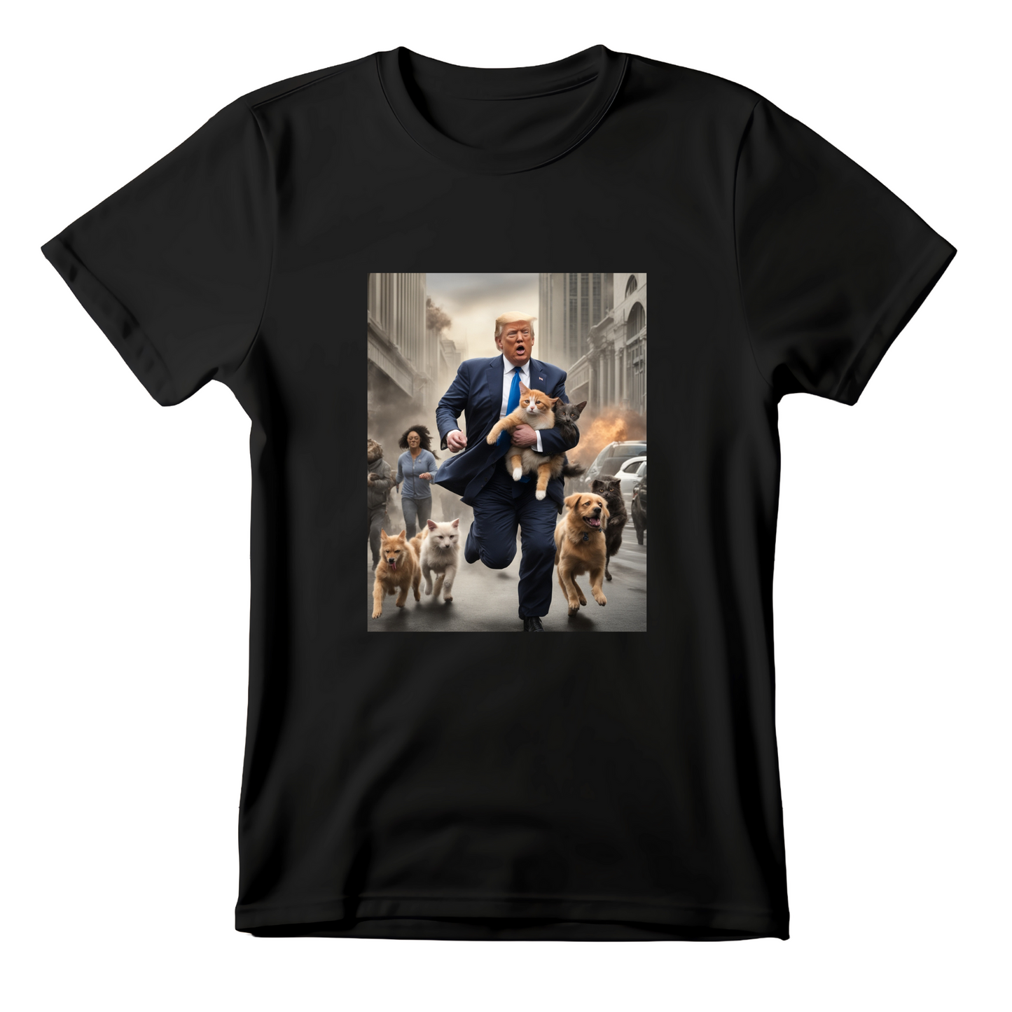 Trump Saving Cats and Dogs from Zombies Funny T-Shirt
