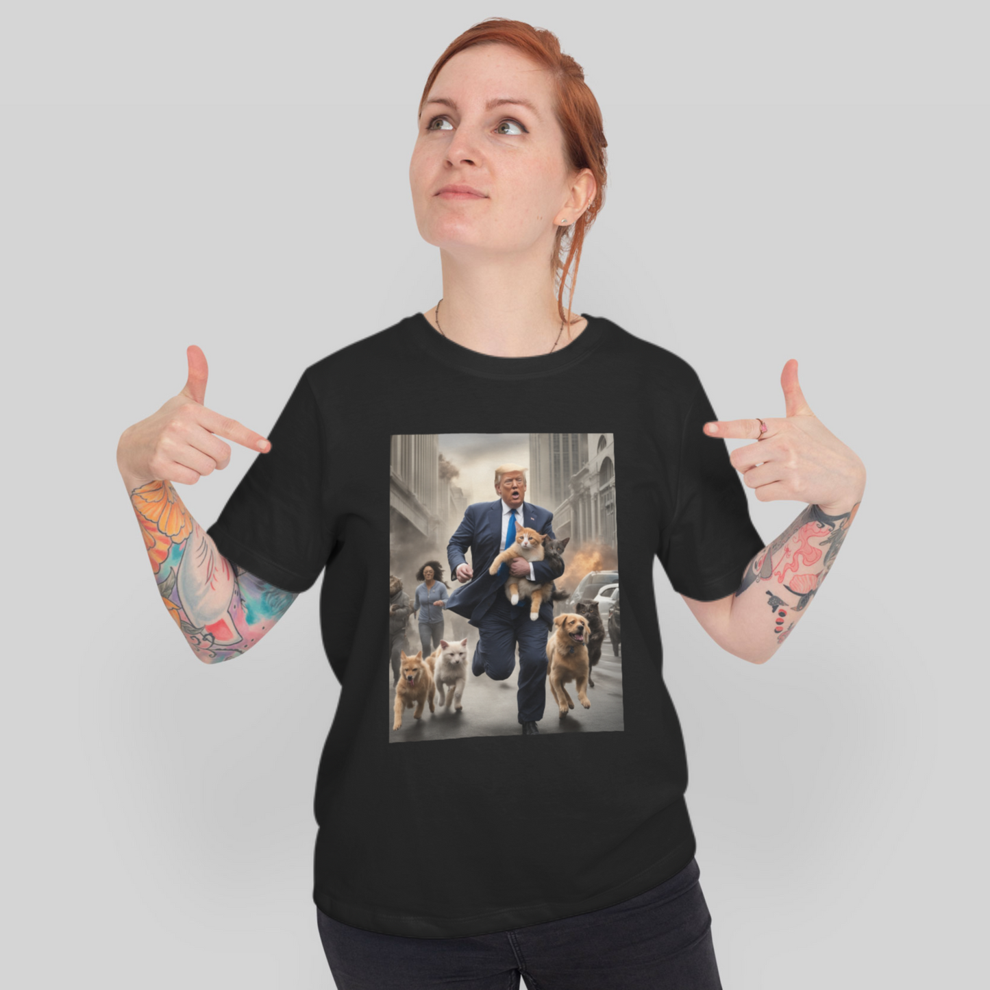 Trump Saving Cats and Dogs from Zombies Funny T-Shirt