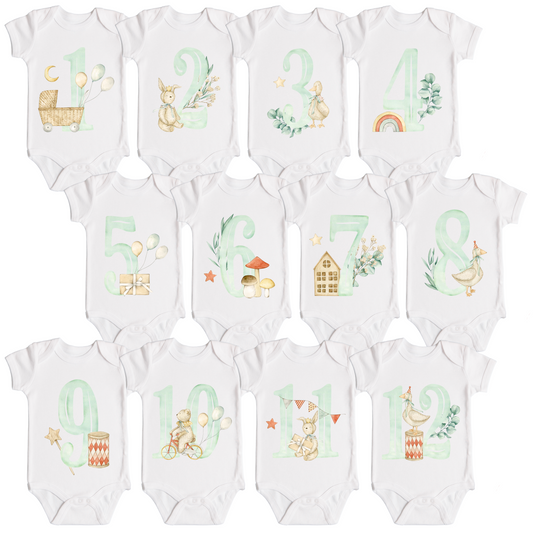 Baby Monthly Milestone Onesies 1-12 Months, Baby Shower Gift For Parents With Newborn Infant (White and Green)
