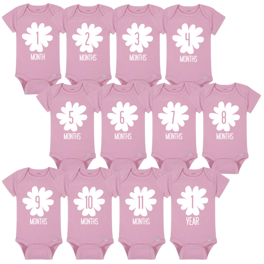 Baby Monthly Milestone Onesies 1-12 Months, Baby Shower Gift For Parents With Newborn Infant (Pink and White)