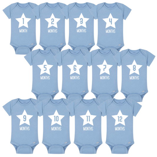 Baby Monthly Milestone Onesies 1-12 Months, Baby Shower Gift For Parents With Newborn Infant (Sky Blue and White)