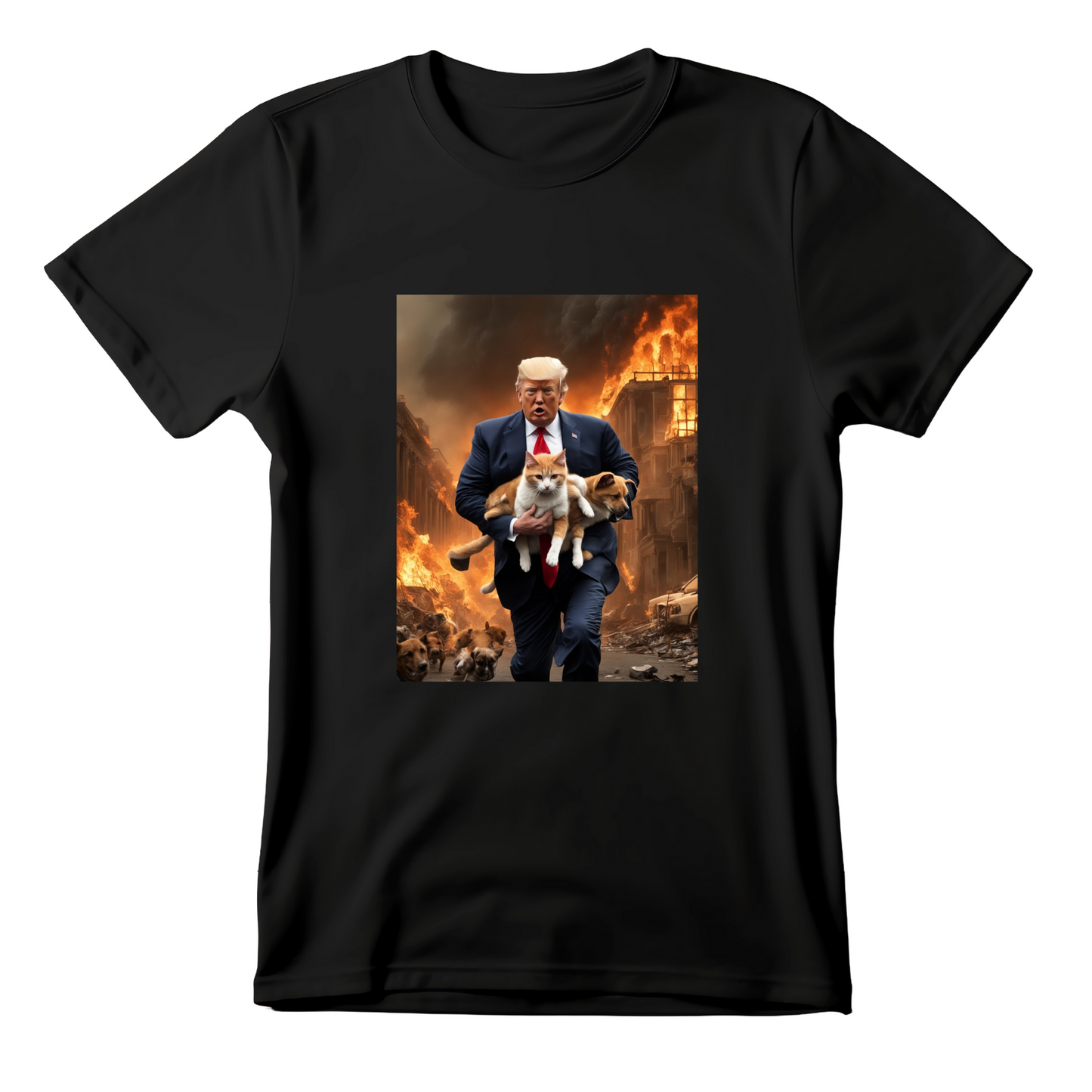 Trump Saving Dog and Cat from Apocalypse Funny T-Shirt