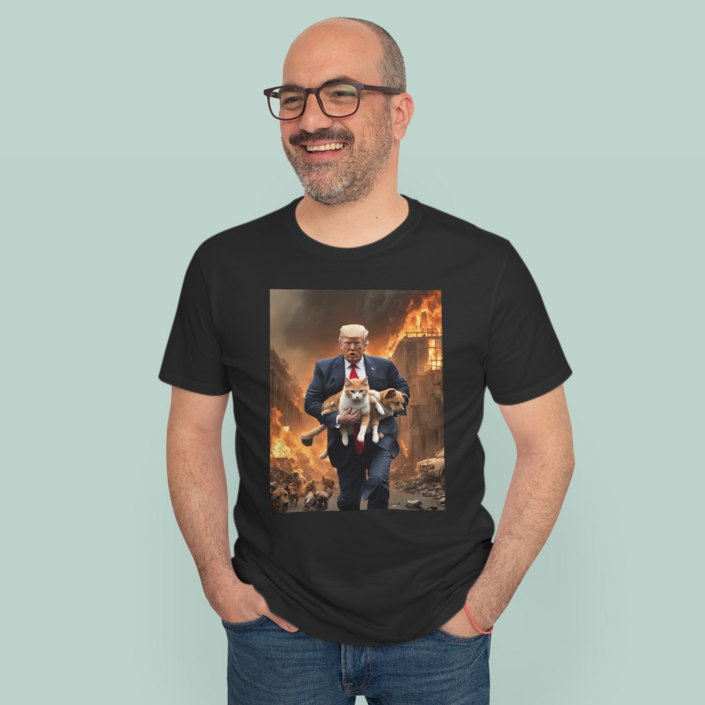 Trump Saving Dog and Cat from Apocalypse Funny T-Shirt