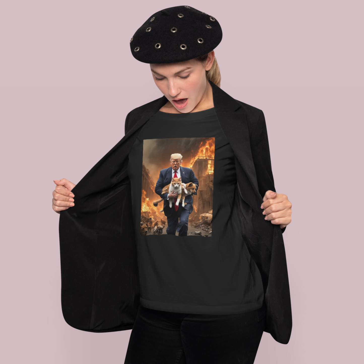 Trump Saving Dog and Cat from Apocalypse Funny T-Shirt