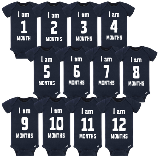 Baby Monthly Milestone Onesies 1-12 Months, Baby Shower Gift For Parents With Newborn Infant (Navy and White)