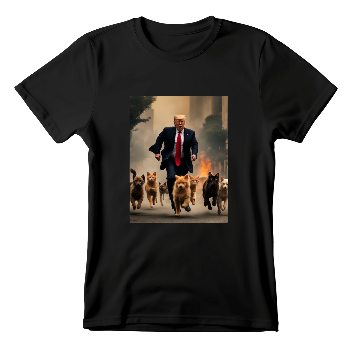 Trump Running with Dogs and Cats from Apocalypse Funny T-Shirt