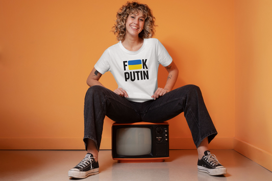 F**k Putin Ukrainian Flag Women's T-Shirt, White