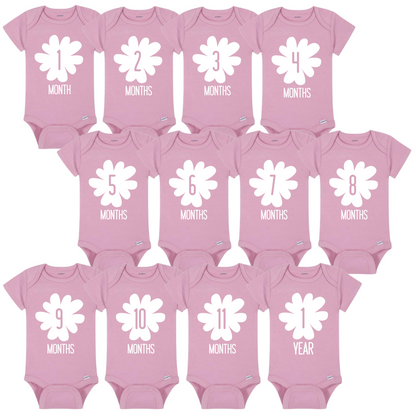 Baby Monthly Milestone Onesies 1-12 Months, Baby Shower Gift For Parents With Newborn Infant (Pink and White)