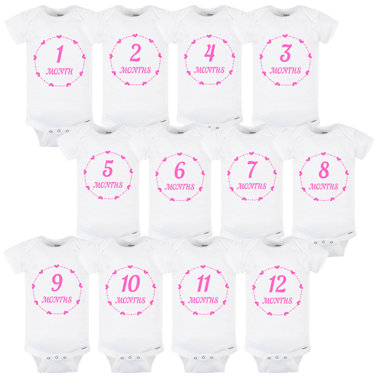 Baby Monthly Milestone Onesies 1-12 Months, Baby Shower Gift For Parents With Newborn Infant (White and Pink)