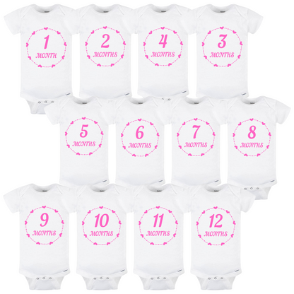 Baby Monthly Milestone Onesies 1-12 Months, Baby Shower Gift For Parents With Newborn Infant (White and Pink)