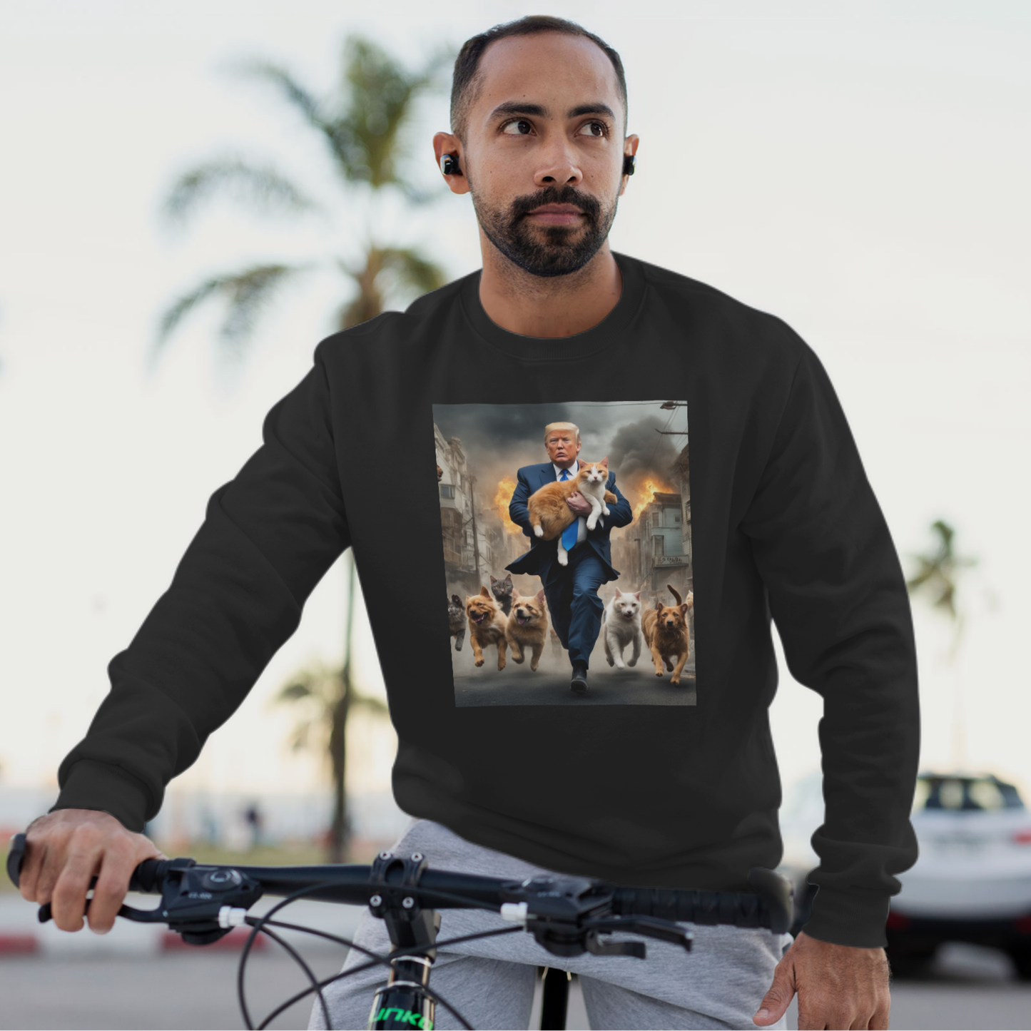 Trump Saving Pets Escaping with Big Cat from San Francisco Zombie Apocalypse Funny Sweatshirt