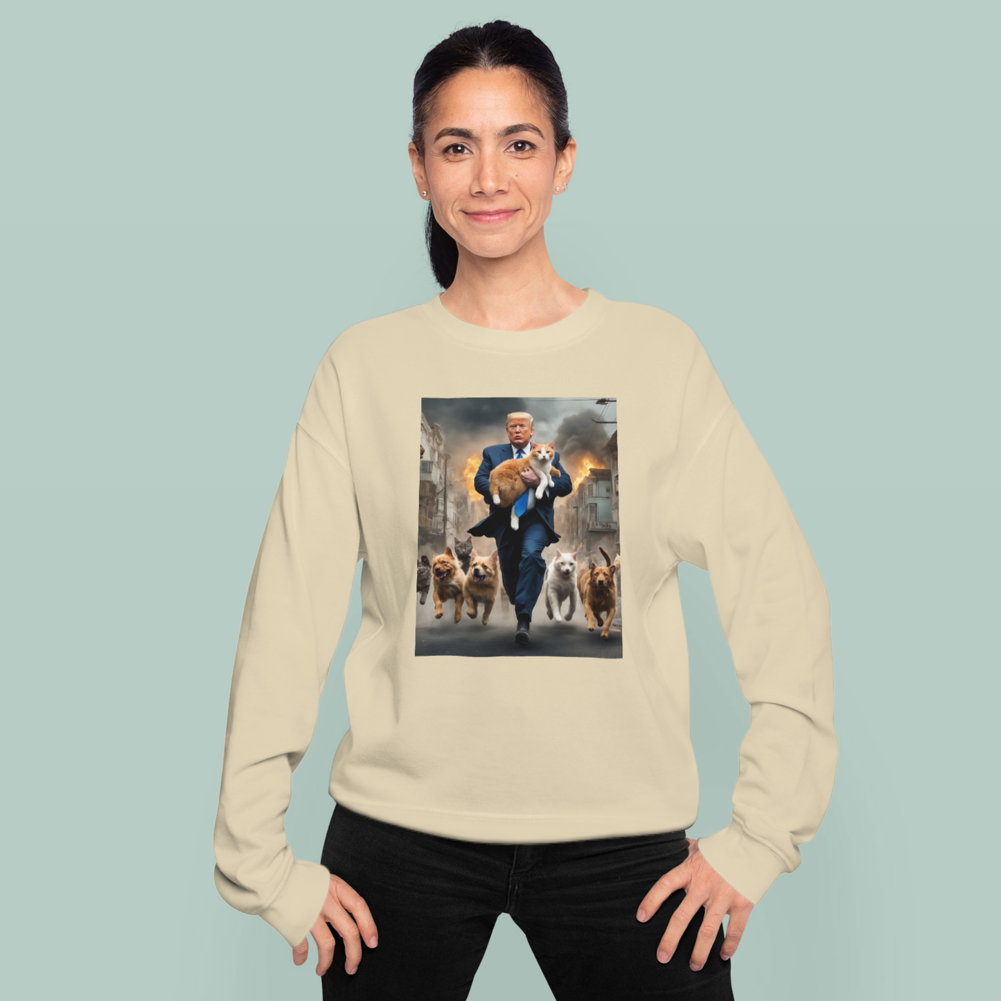 Trump Saving Pets Escaping with Big Cat from San Francisco Zombie Apocalypse Funny Sweatshirt