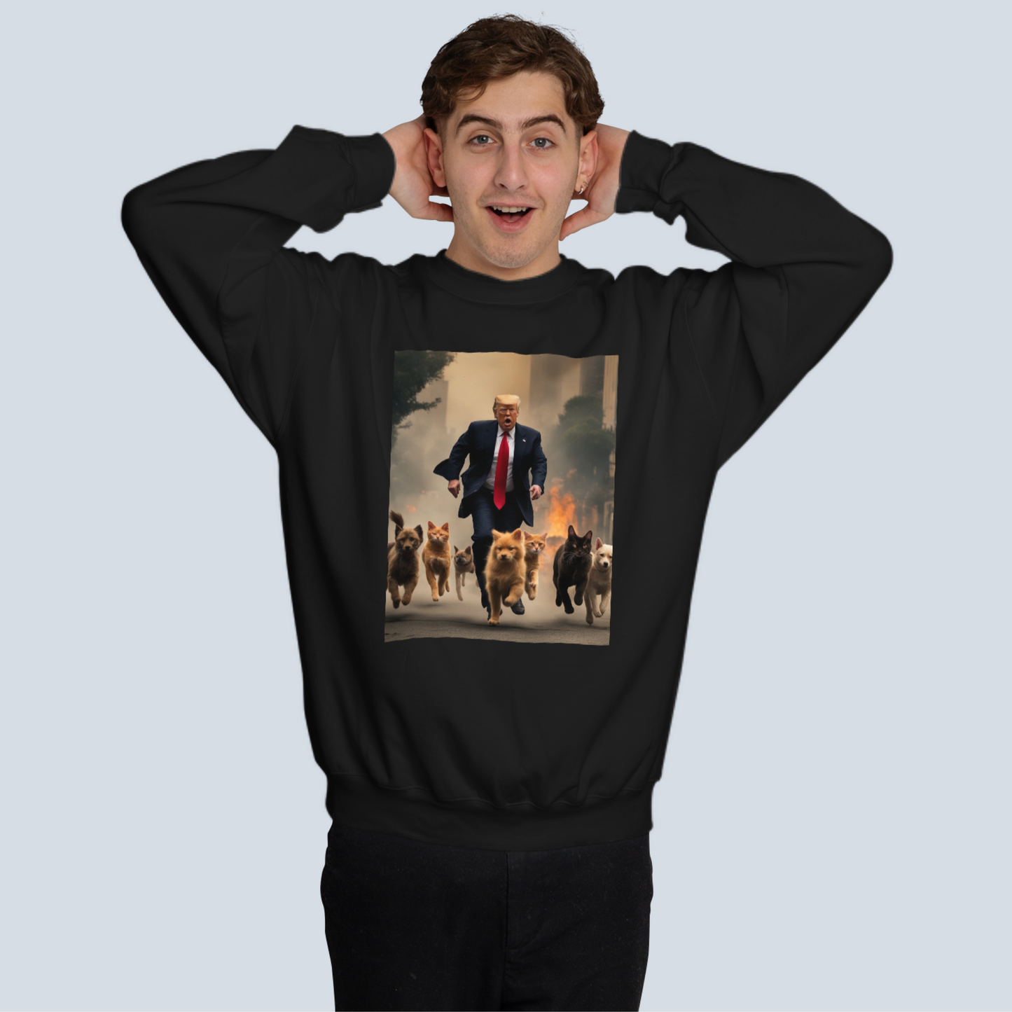 Trump Running with Dogs and Cats from Apocalypse Funny Sweatshirt