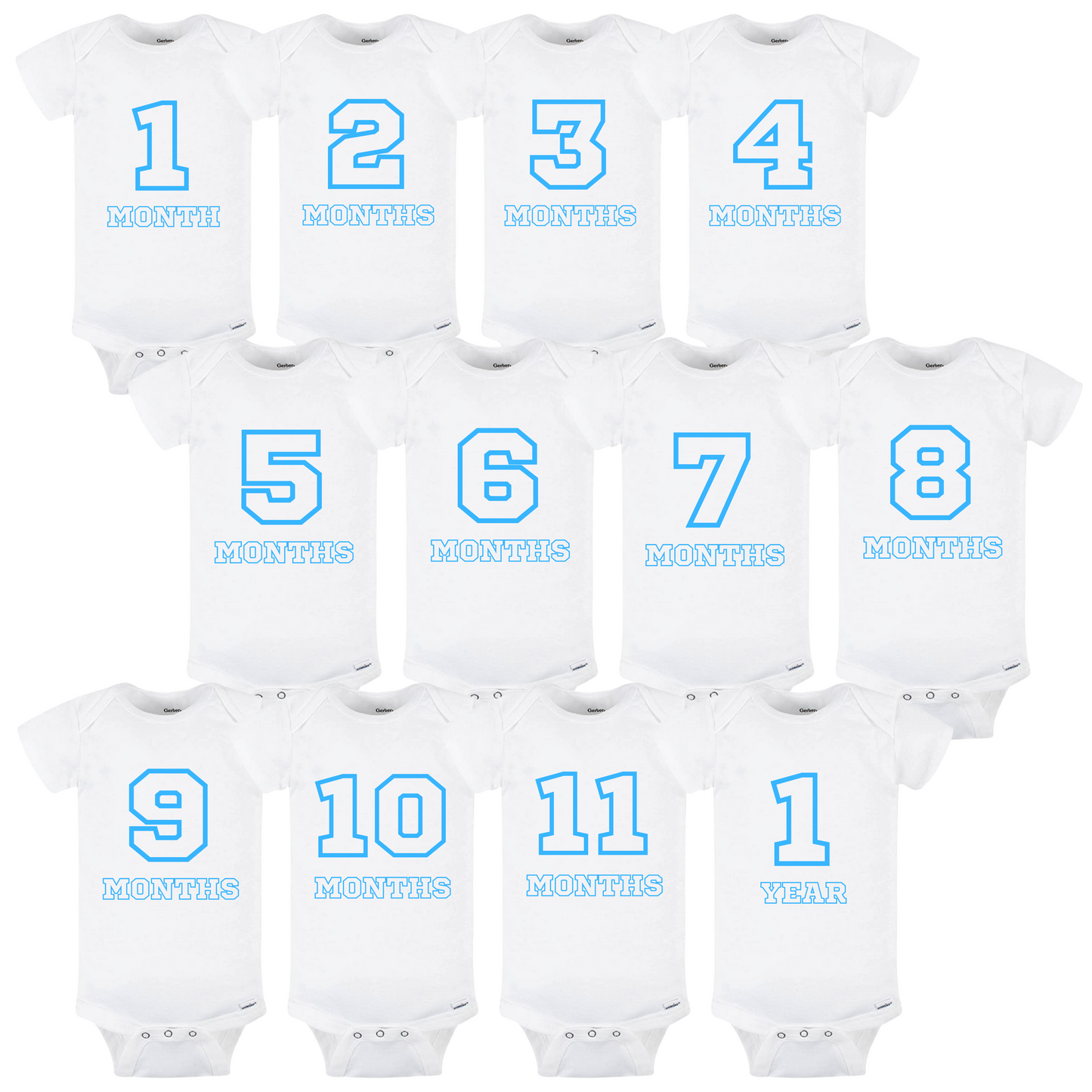 Baby Monthly Milestone Onesies 1-12 Months, Baby Shower Gift For Parents With Newborn Infant (White and Sky Blue)