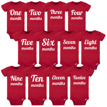 Baby Monthly Milestone Onesies 1-12 Months, Baby Shower Gift For Parents With Newborn Infant (Red and White)